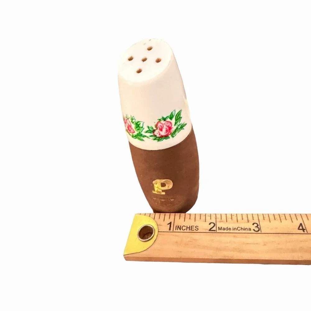 VTG Wood And Porcelain Salt Pepper Shaker Set With Floral Design MCM & Cottage
